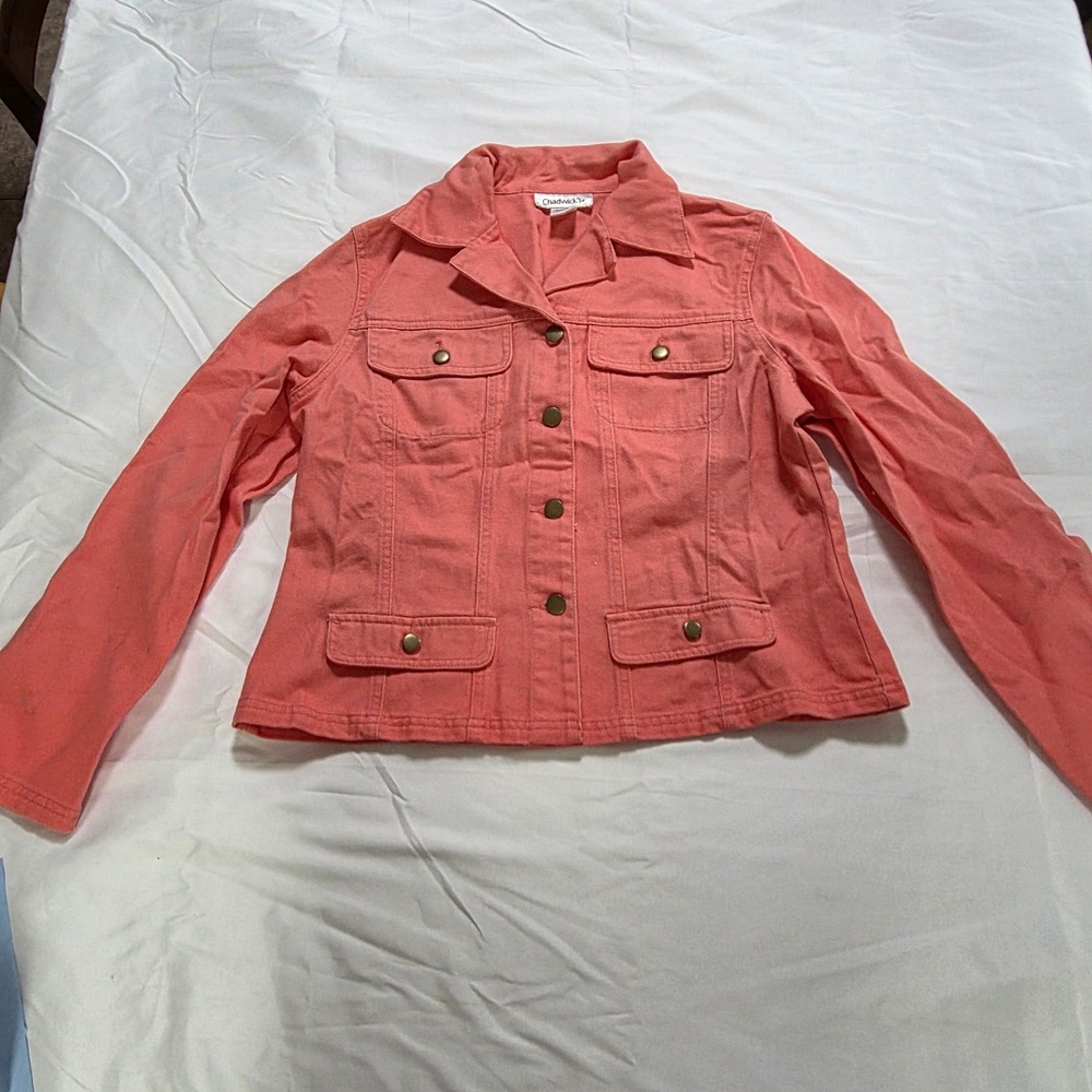 Chadwicks Coral Pink Denim Jacket Womens 12P Petite Cotton Trucker Button Up